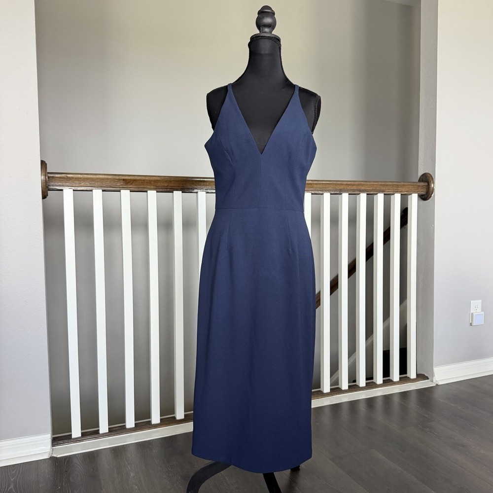Dress The Population Plunge V Neck Midi Dress Navy Blue Medium Formal Party